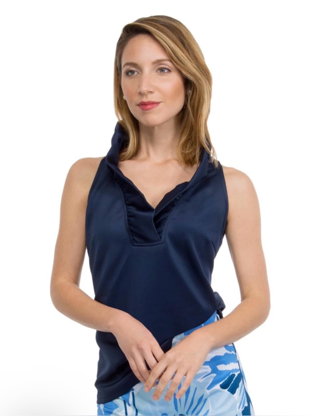 Gretchen Scott Jersey Sleeveless Ruffneck Top - Solid Navy size Medium.